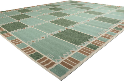 12 x 15 Scandinavian Modern Green Swedish Inspired Kilim Rug 31317