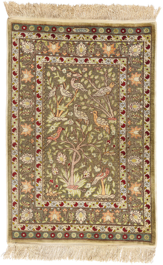 2 x 3 Earth-Tone Vintage Turkish Silk Hereke Rug 79321