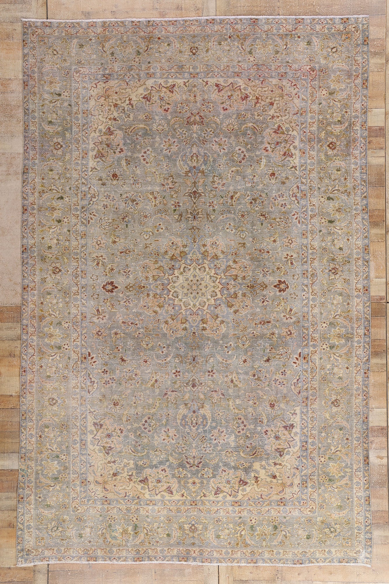 8 x 13 Light Blue Vintage Persian Kashan Rug 61391