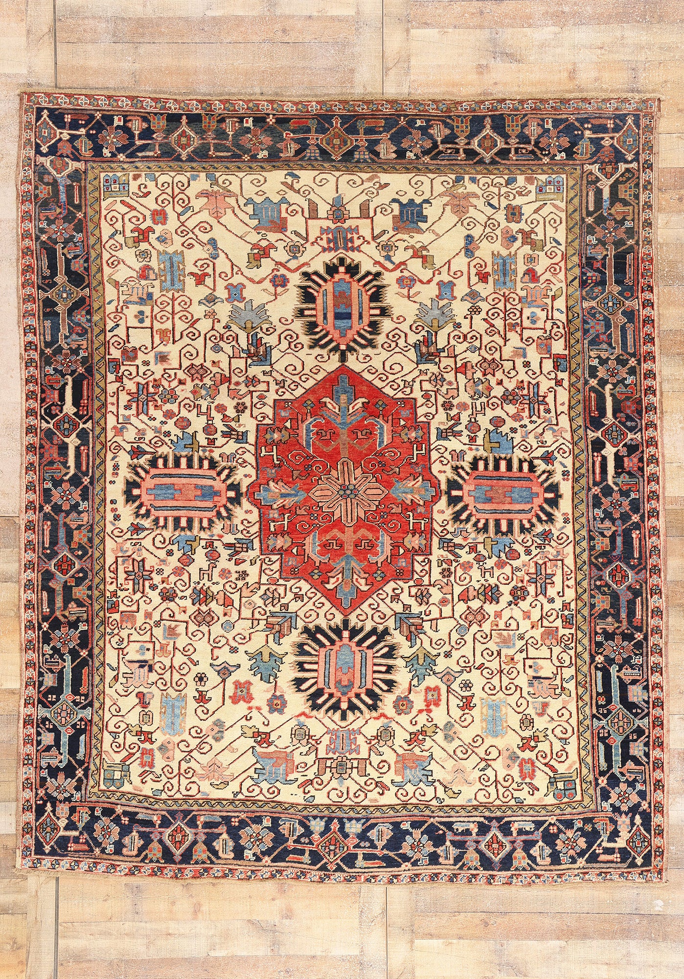 8 x 10 Ivory Vintage Persian Heriz Rug 61510