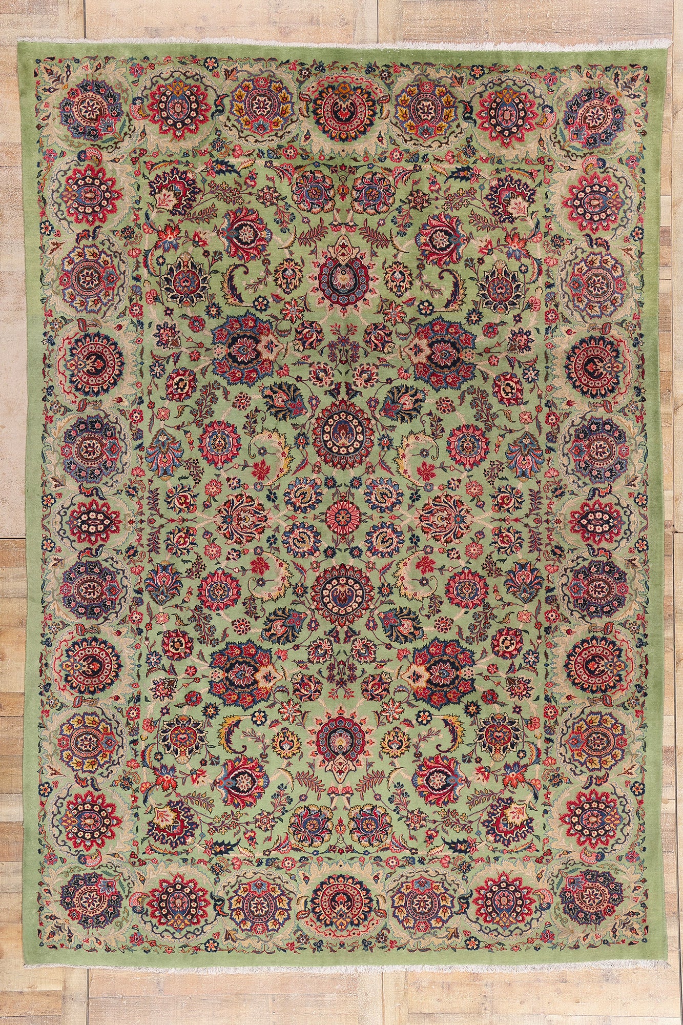 9 x 13 Green Vintage Persian Kashan Rug 61412