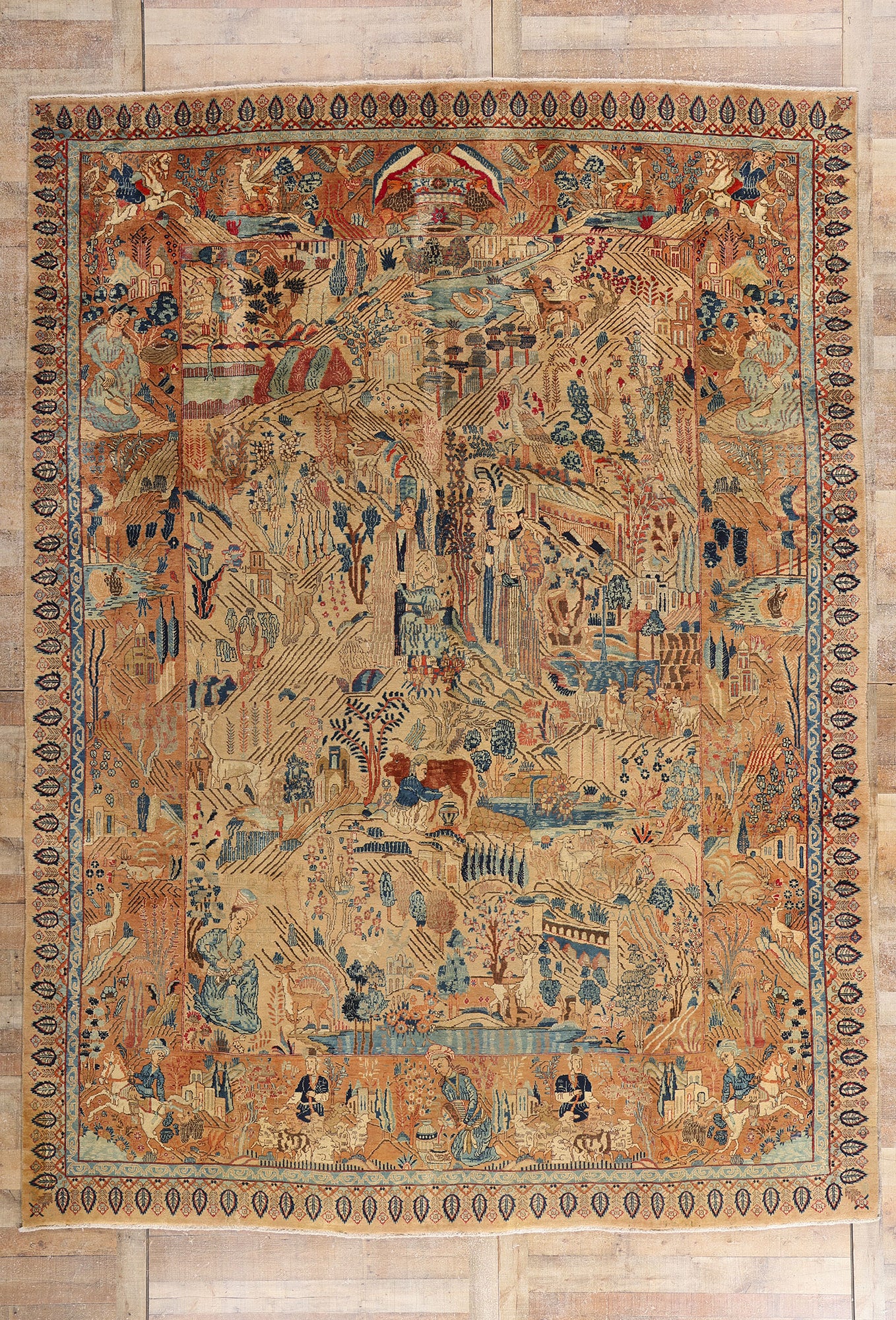 10 x 13 Beige Vintage Persian Najafabad Pictorial Rug 61437