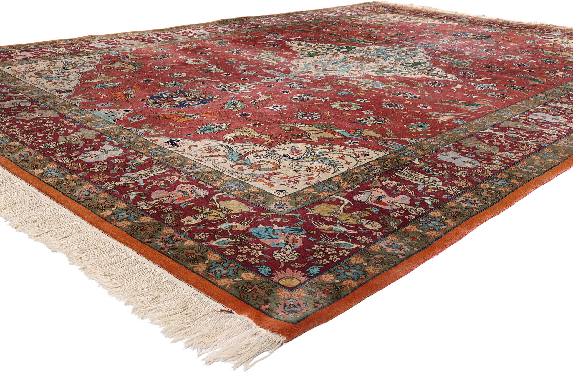 9 x 14 Red Vintage Persian Tabriz Hunting Rug 79165
