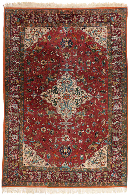 9 x 14 Red Vintage Persian Tabriz Hunting Rug 79165