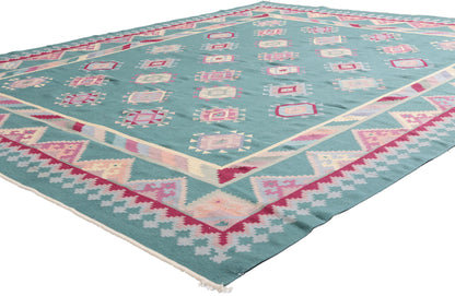 8 x 10 Teal Vintage Turkish Kilim Rug 78329