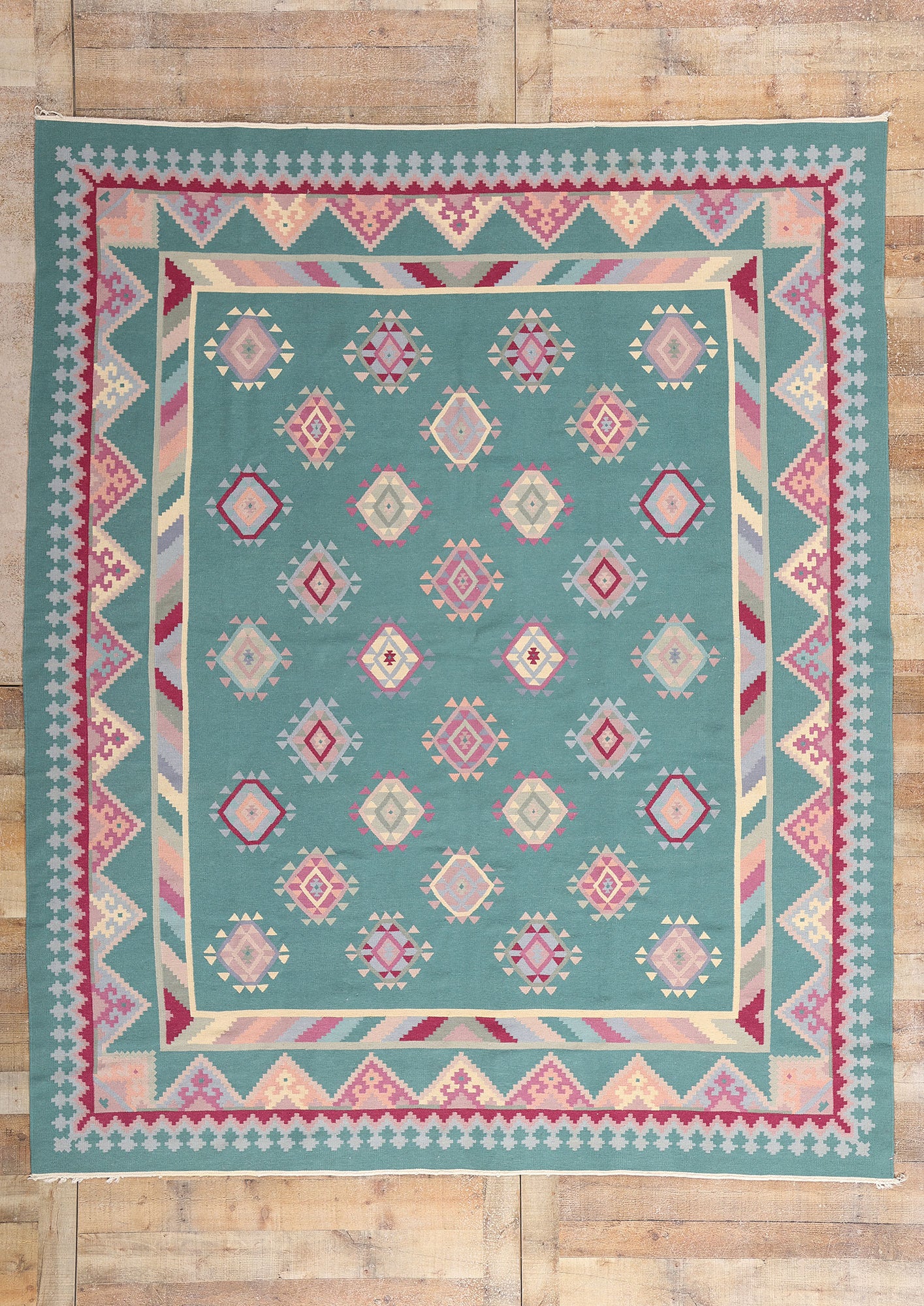 8 x 10 Teal Vintage Turkish Kilim Rug 78329