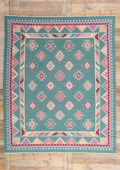 8 x 10 Teal Vintage Turkish Kilim Rug 78329