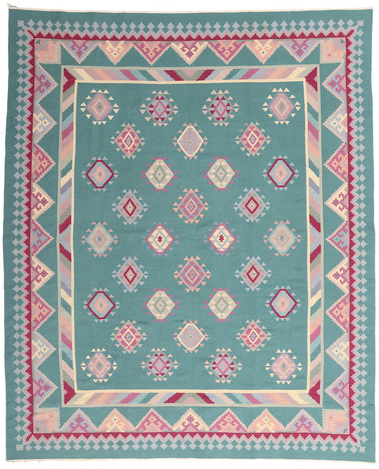 8 x 10 Teal Vintage Turkish Kilim Rug 78329