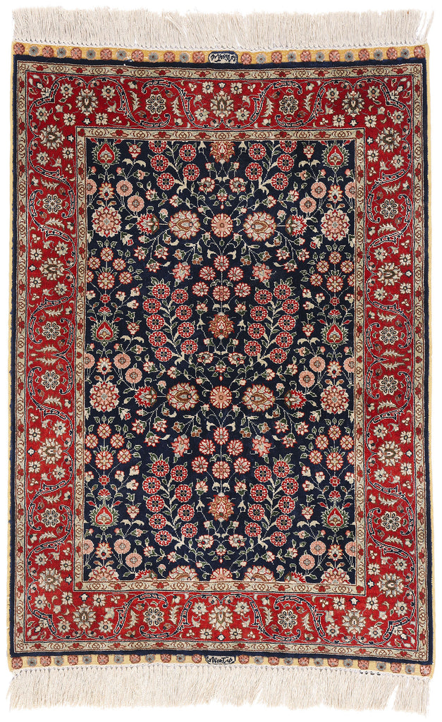 2 x 3 Navy Blue Vintage Turkish Silk Hereke Rug 79293