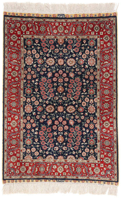 2 x 3 Navy Blue Vintage Turkish Silk Hereke Rug 79293