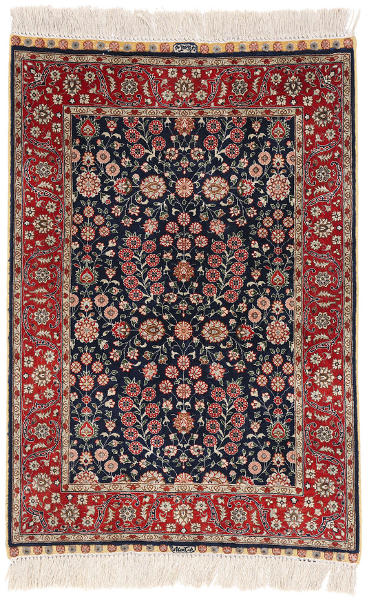 2 x 3 Navy Blue Vintage Turkish Silk Hereke Rug 79293