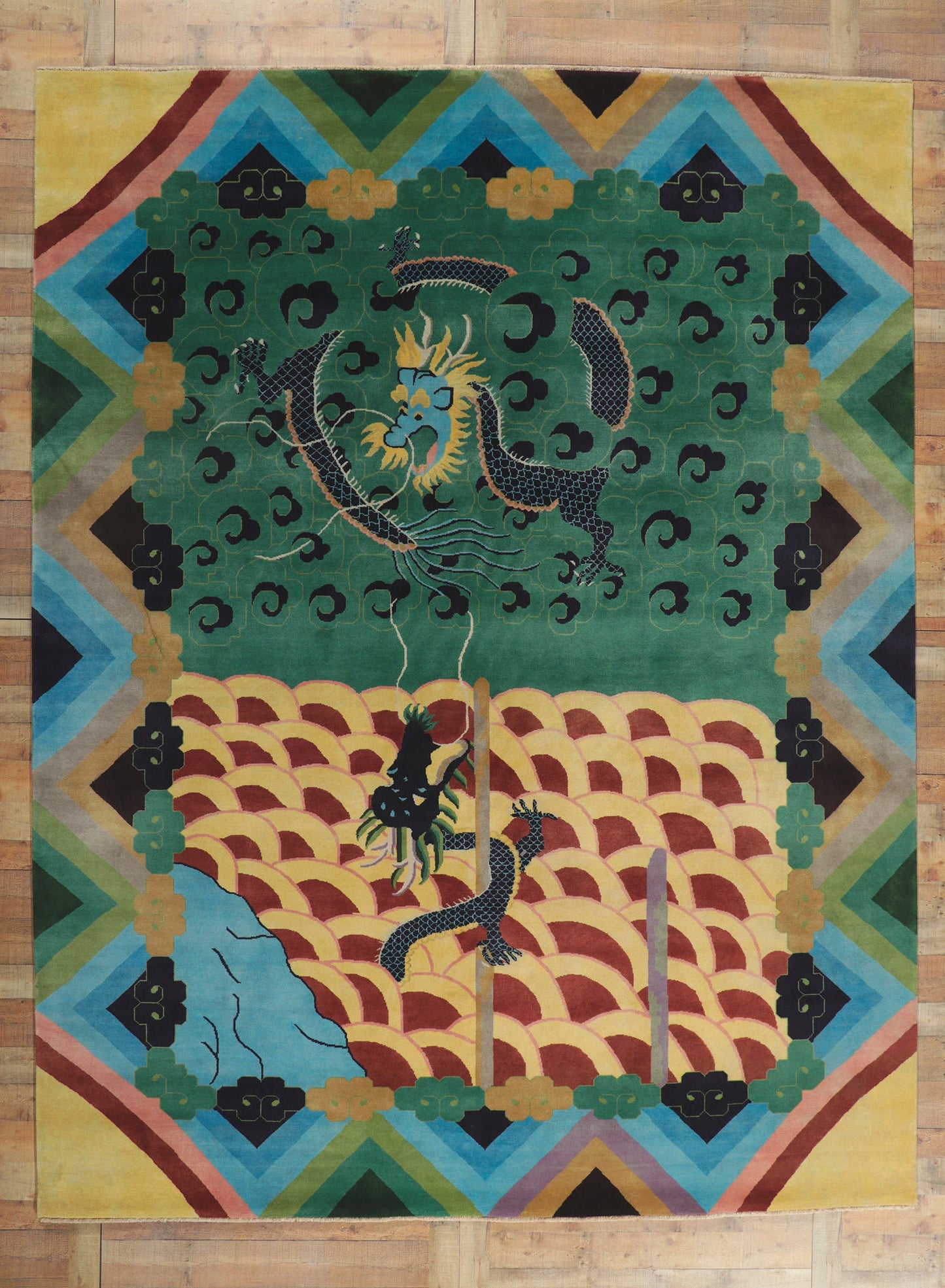 10 x 13 Chinese Art Deco Dragon Rug 30819