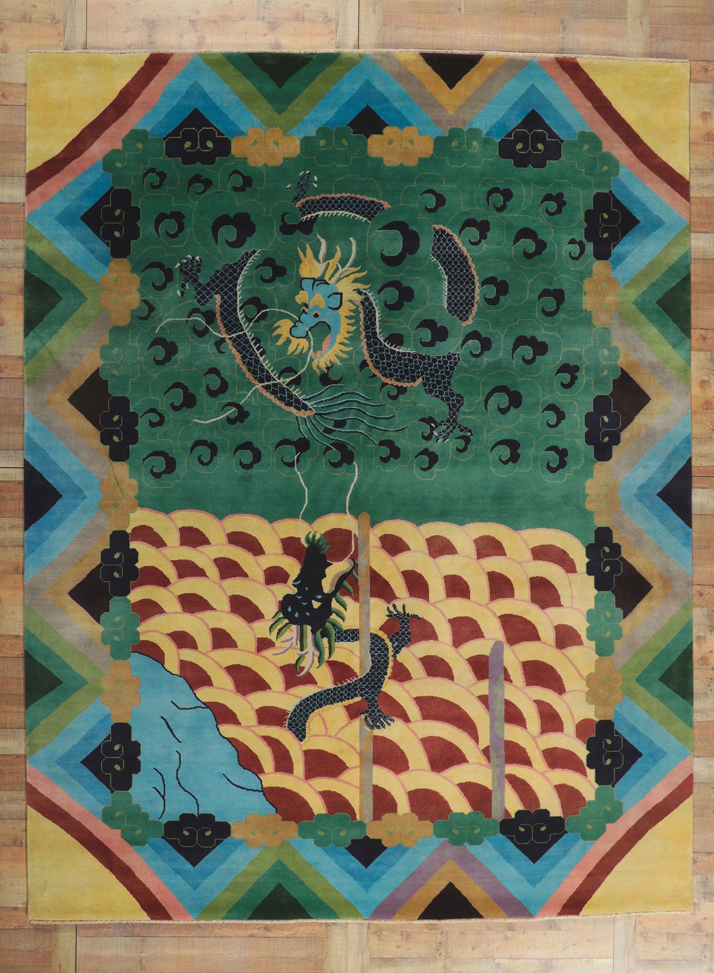 10 x 13 Chinese Art Deco Dragon Rug 30819