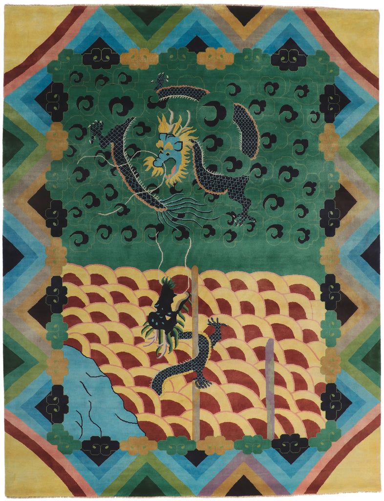 10 x 13 Chinese Art Deco Dragon Rug 30819