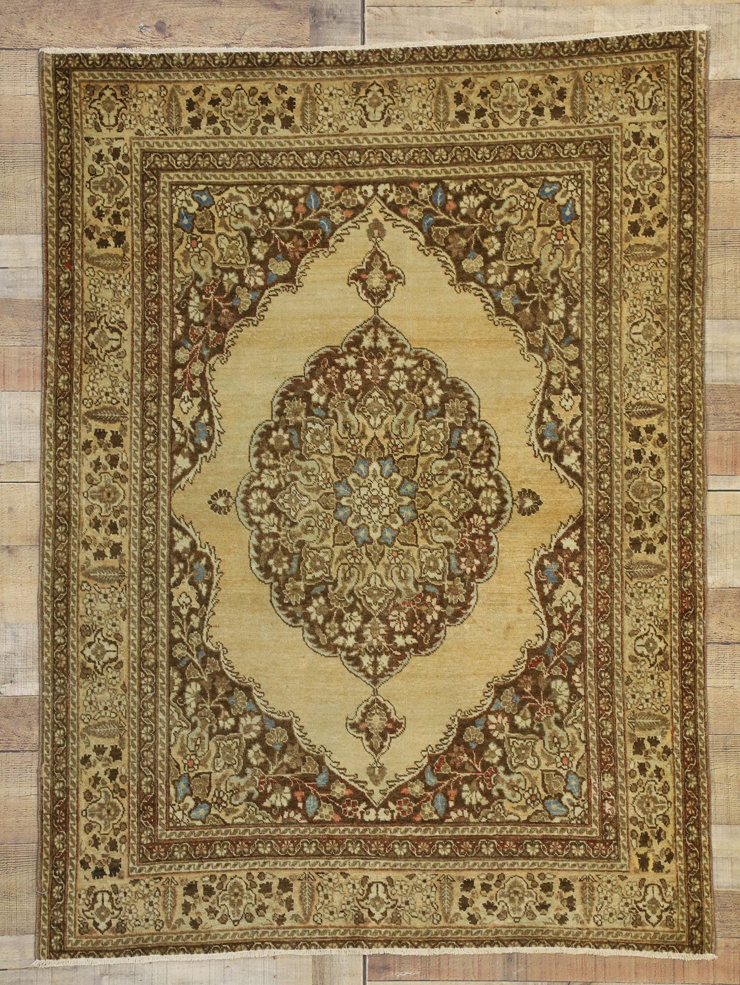 4 x 5 Distressed Antique Persian Tabriz Rug 50671