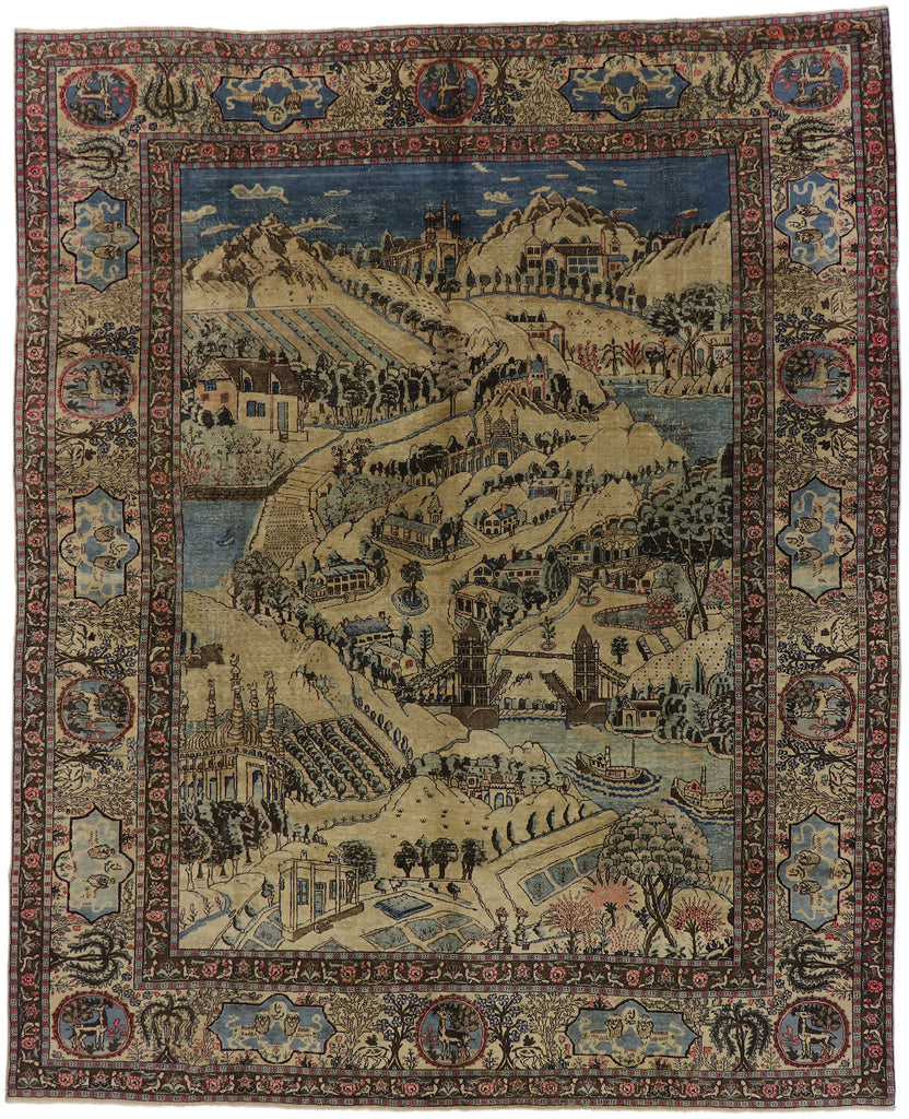 9 x 12 Antique Persian Tabriz Pictorial Rug 53653