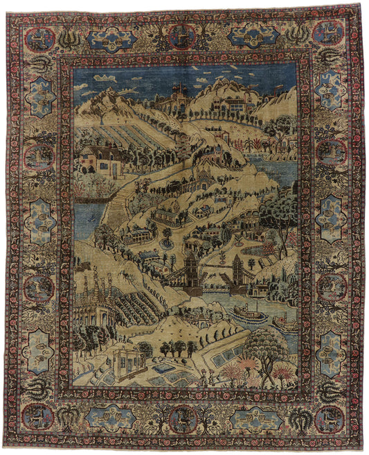 9 x 12 Antique Persian Tabriz Pictorial Rug 53653