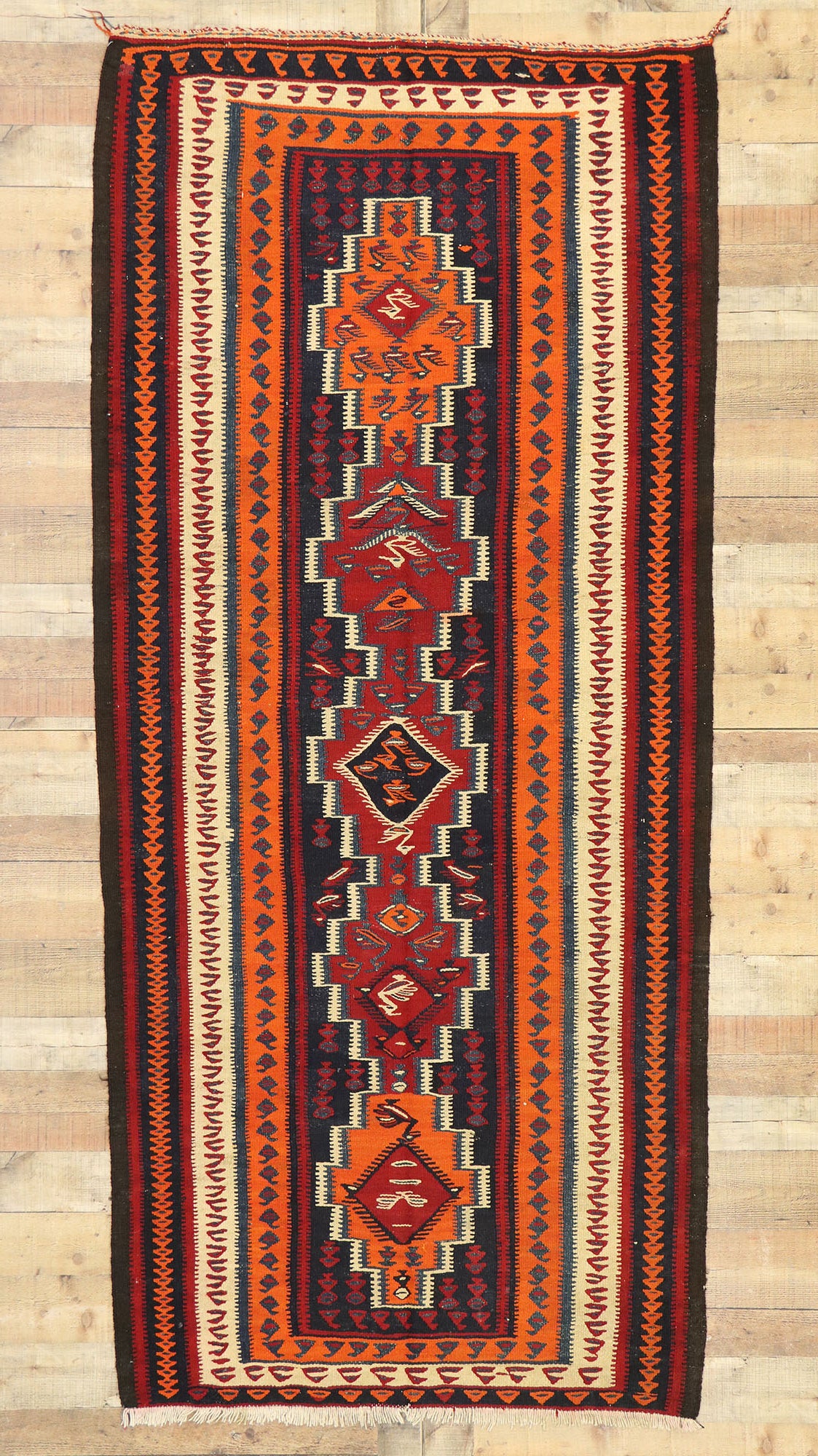 4 x 9 Vintage Persian Bijar Kilim Rug 70469