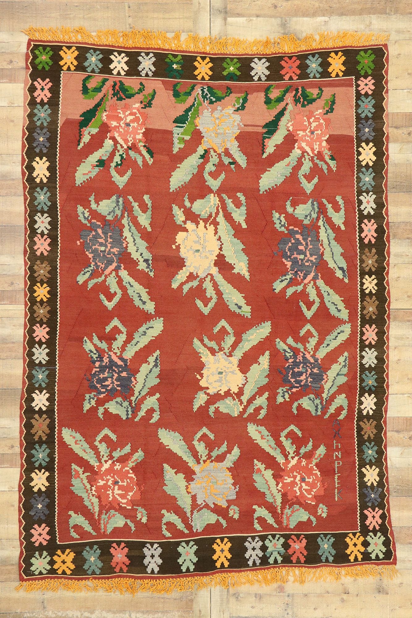 7 x 9 Vintage Turkish Floral Kilim Rug 72090