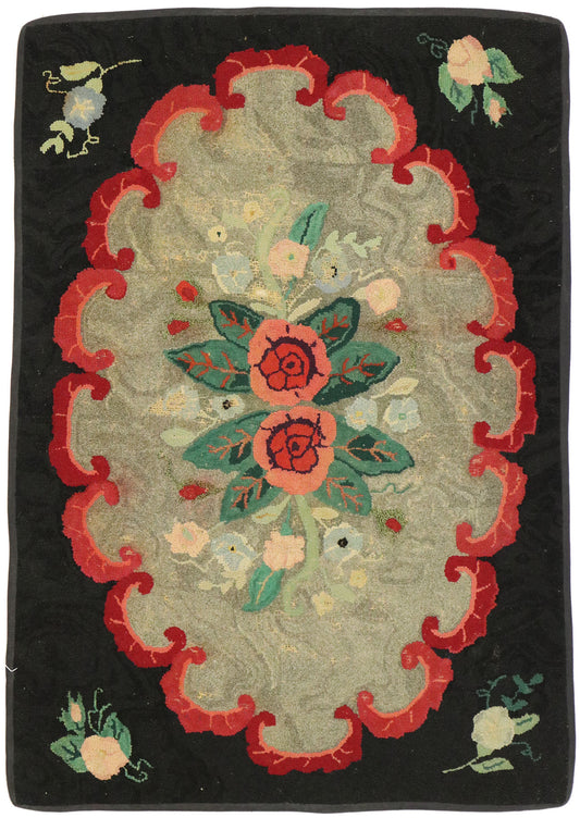 2 x 3 Antique American Floral Hooked Rug 74357