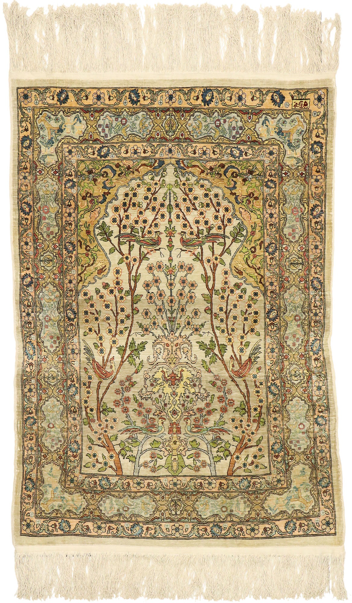 3 x 3 Vintage Turkish Silk Hereke Prayer Rug 77026