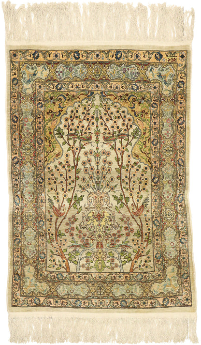 3 x 3 Vintage Turkish Silk Hereke Prayer Rug 77026