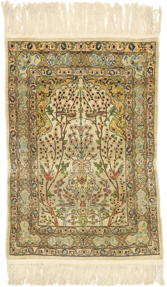 3 x 3 Vintage Turkish Silk Hereke Prayer Rug 77026