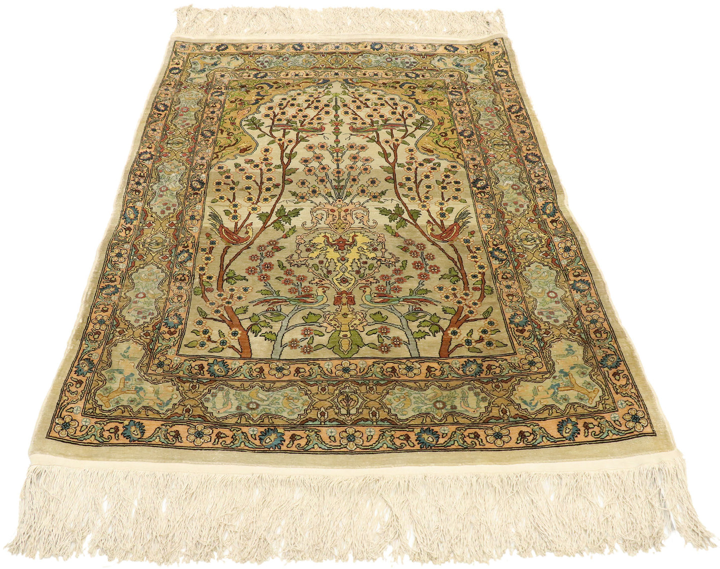 3 x 3 Vintage Turkish Silk Hereke Prayer Rug 77026