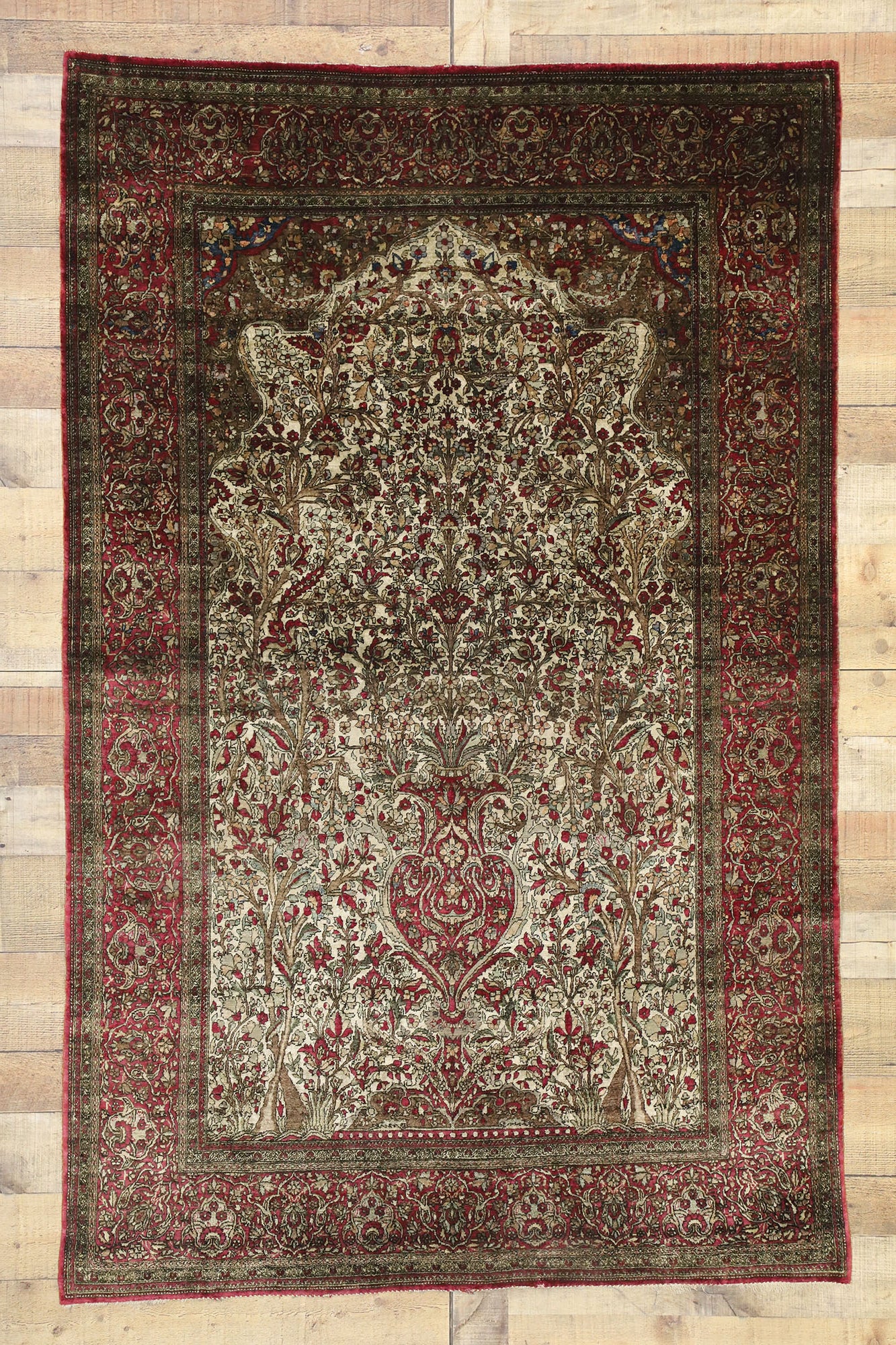 4 x 7 Antique Silk Kashan Vase Prayer Rug 77269
