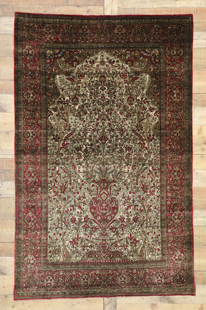4 x 7 Antique Silk Kashan Vase Prayer Rug 77269