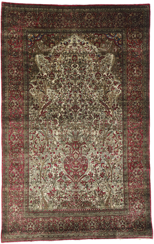 4 x 7 Antique Silk Kashan Vase Prayer Rug 77269
