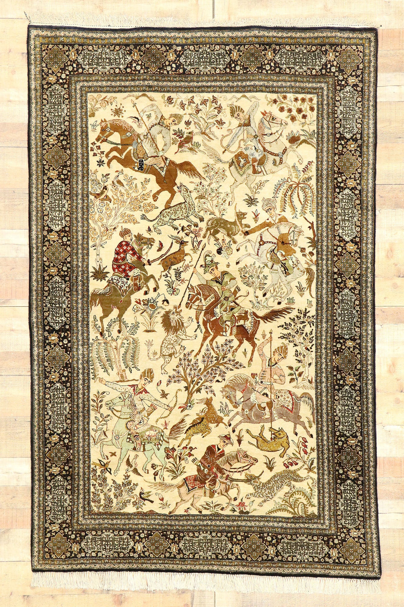 5 x 7 Vintage Persian Qum Hunting Rug 77512