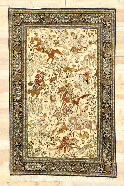 5 x 7 Vintage Persian Qum Hunting Rug 77512