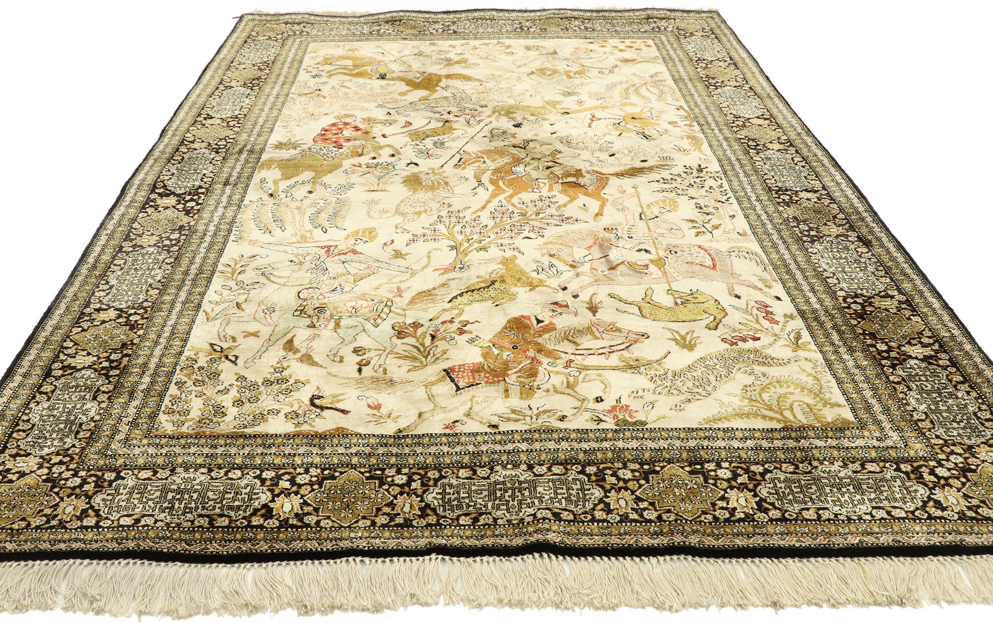 5 x 7 Vintage Persian Qum Hunting Rug 77512