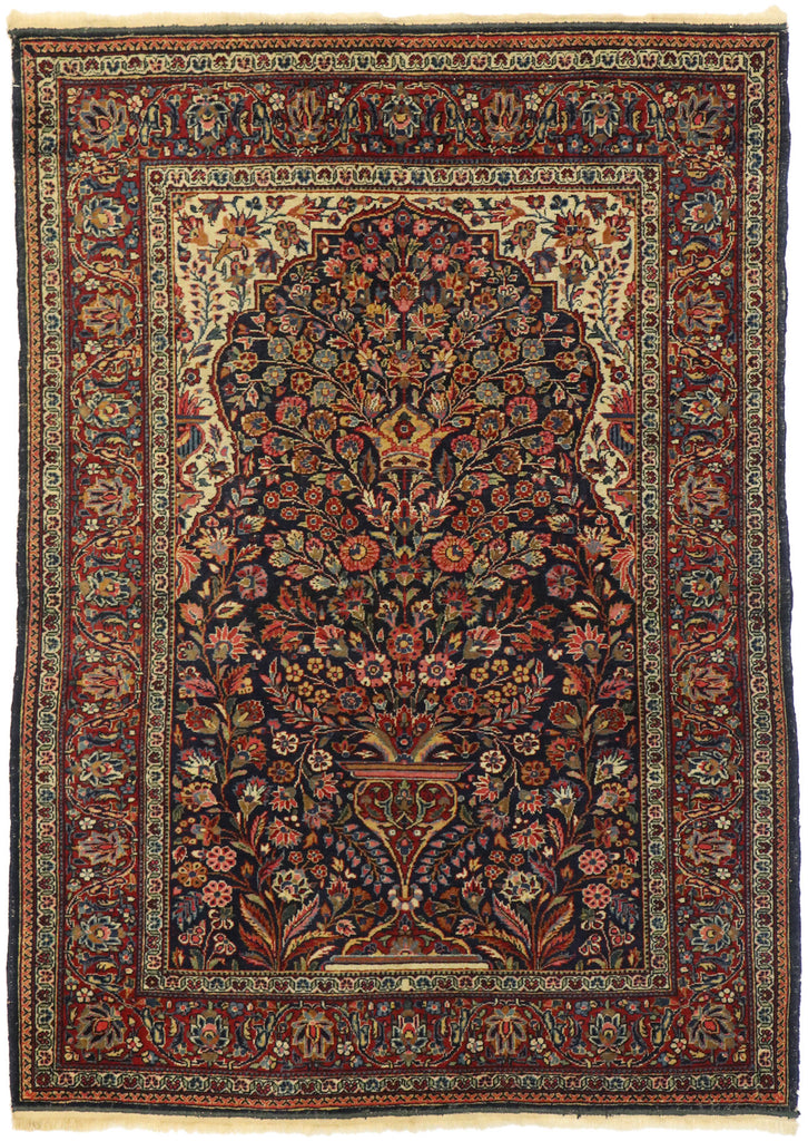 4 x 5 Antique Persian Kashan Vase Prayer Rug 77549