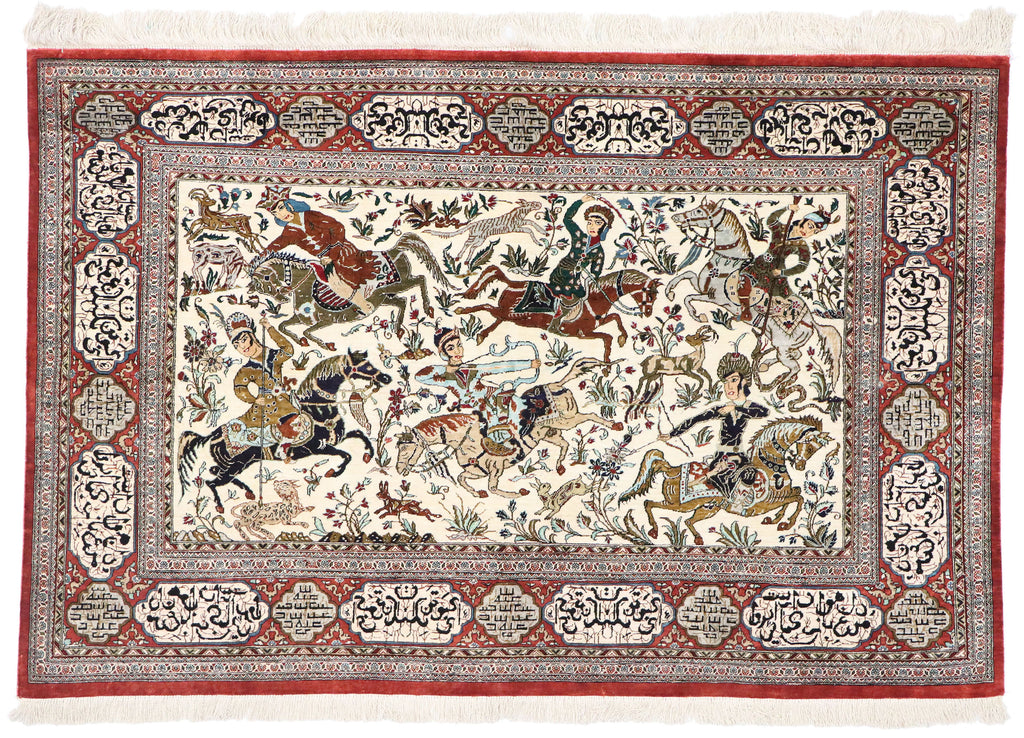 3 x 5 Vintage Persian Silk Qum Hunting Rug 77865