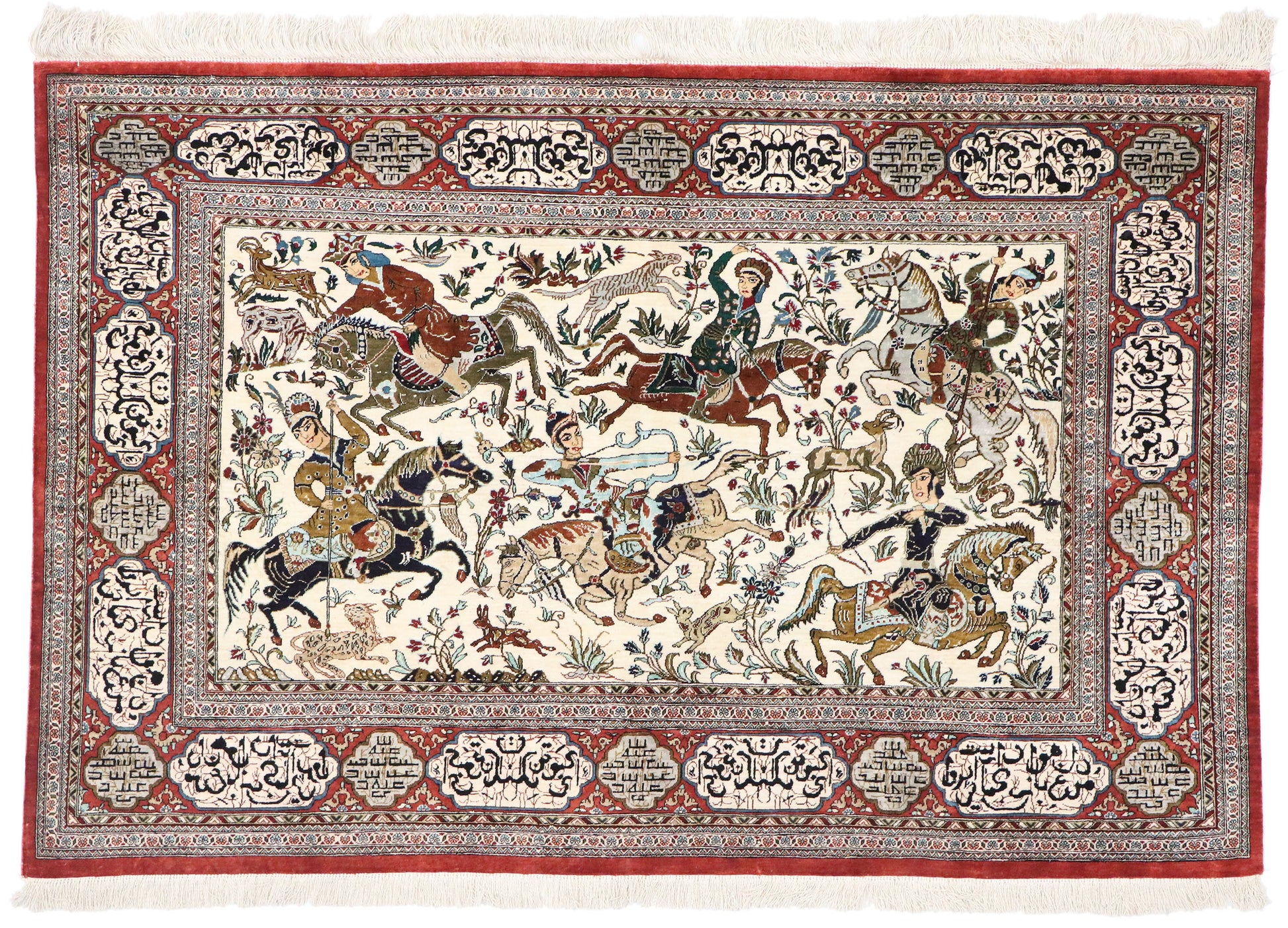 3 x 5 Vintage Persian Silk Qum Hunting Rug 77865