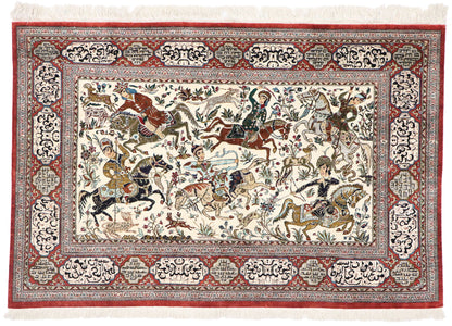 3 x 5 Vintage Persian Silk Qum Hunting Rug 77865