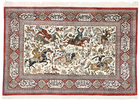 3 x 5 Vintage Persian Silk Qum Hunting Rug 77865