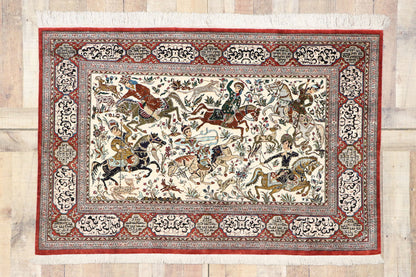 3 x 5 Vintage Persian Silk Qum Hunting Rug 77865