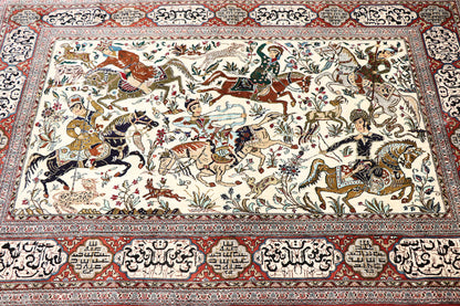 3 x 5 Vintage Persian Silk Qum Hunting Rug 77865