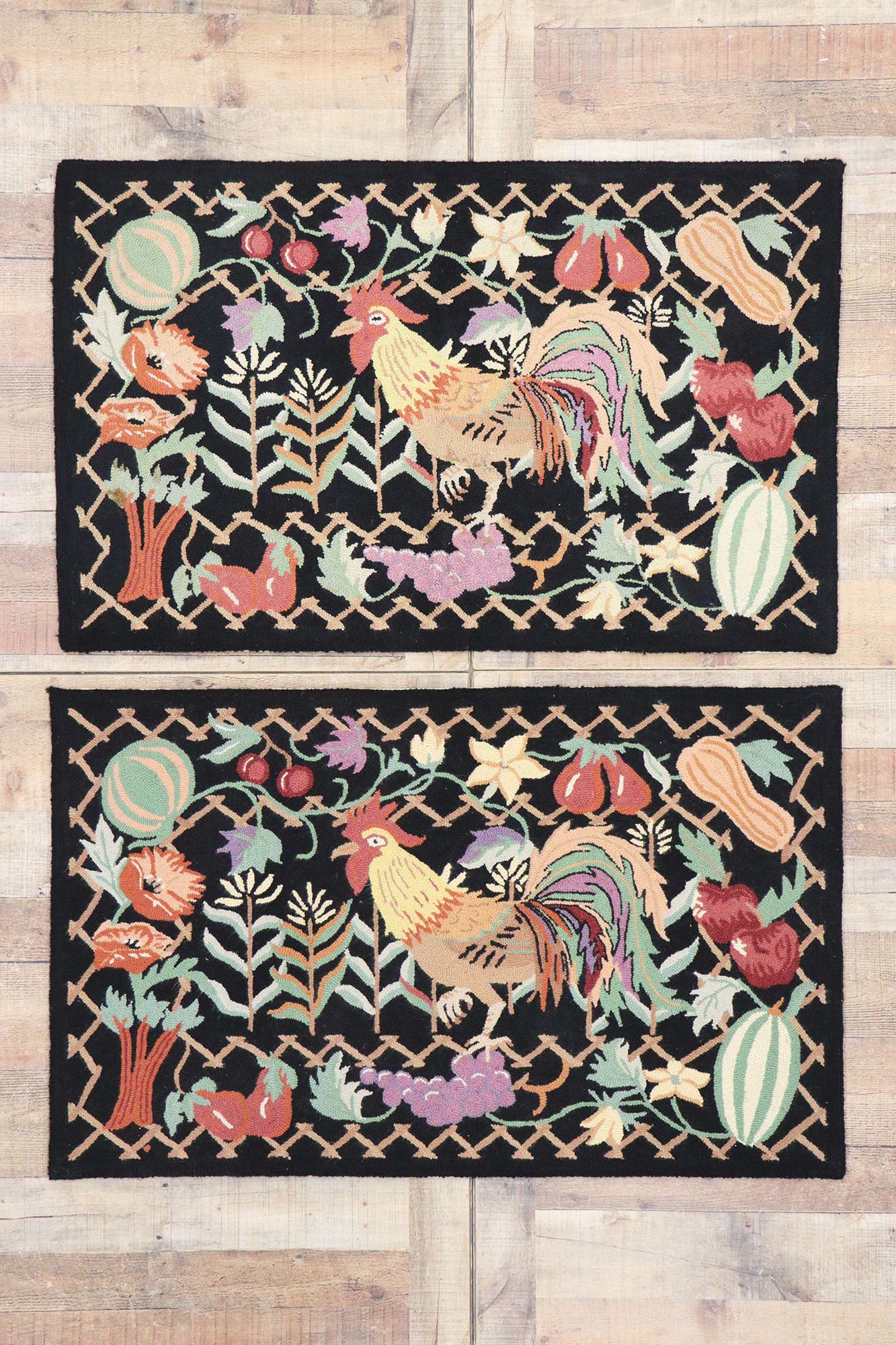 3 x 4 Vintage Rooster Hooked Rug 77917