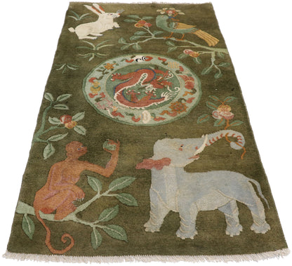 3 x 5 Vintage Green Elephant Tibetan Rug 78076