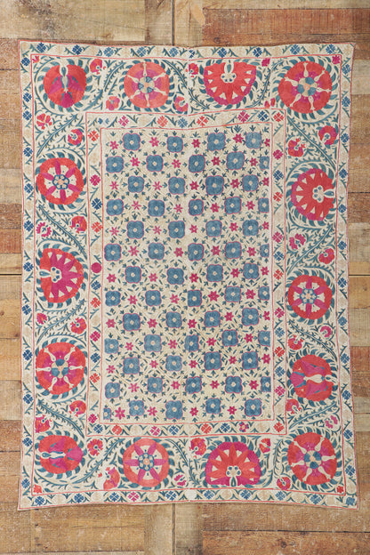 4 x 5 Antique Uzbek Suzani Tapestry 78197
