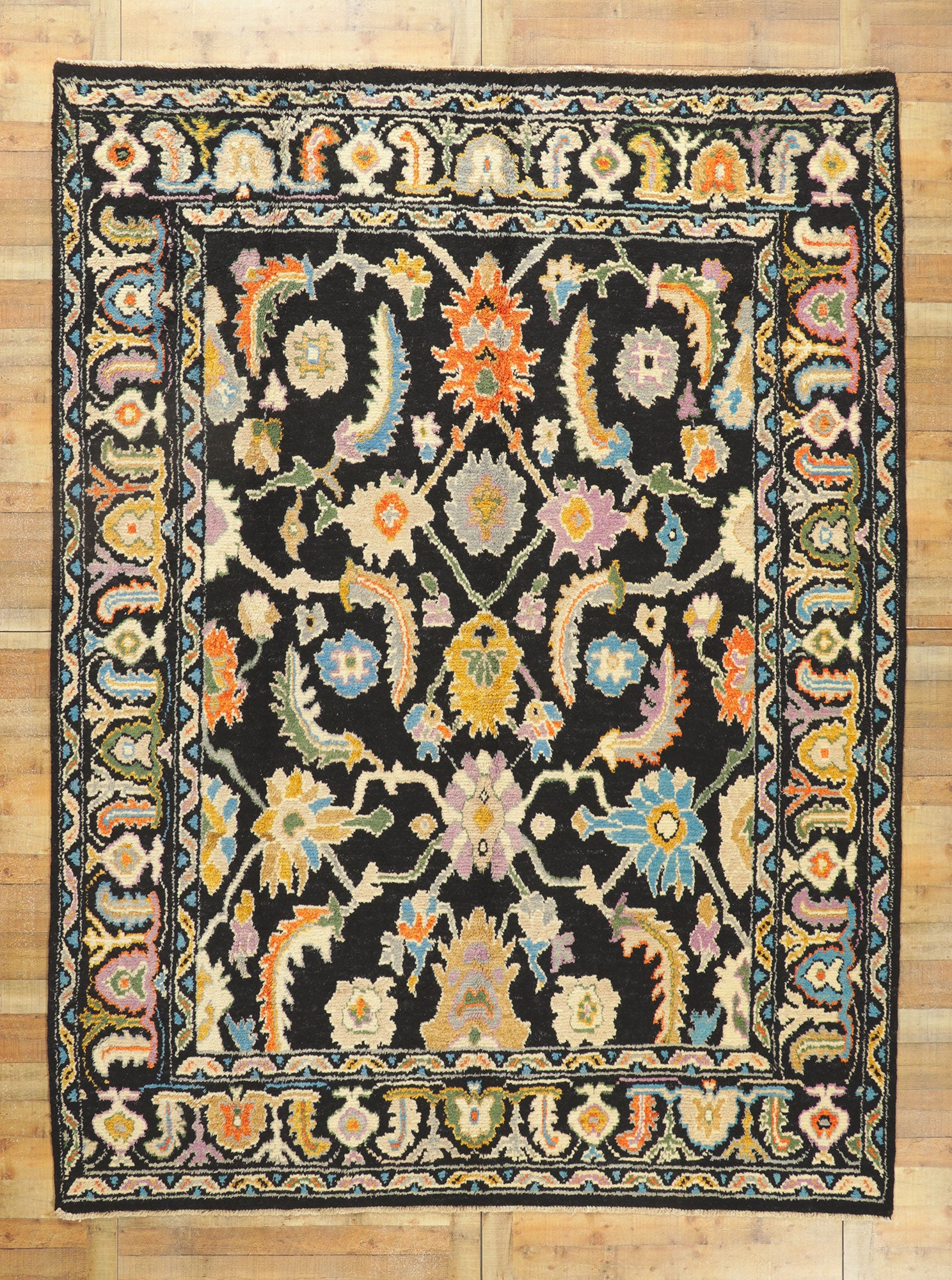 9 x 13 Colorful Black Oushak Rug 80400