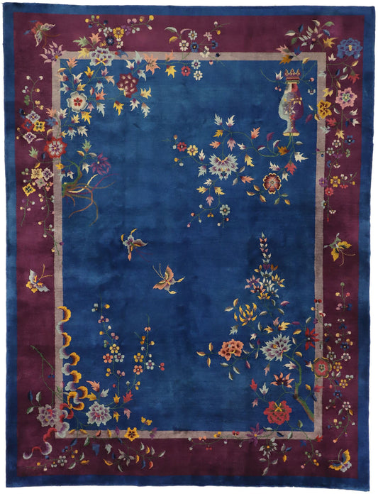 9 x 12 Antique Blue Chinese Art Deco Rug 77231