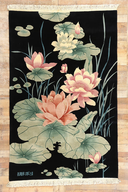 6 x 9 Vintage Black Chinese Art Deco Pictorial Rug 78837