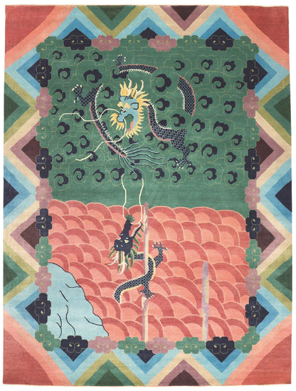 10 x 13 Chinese Art Deco Dragon Rug 30972