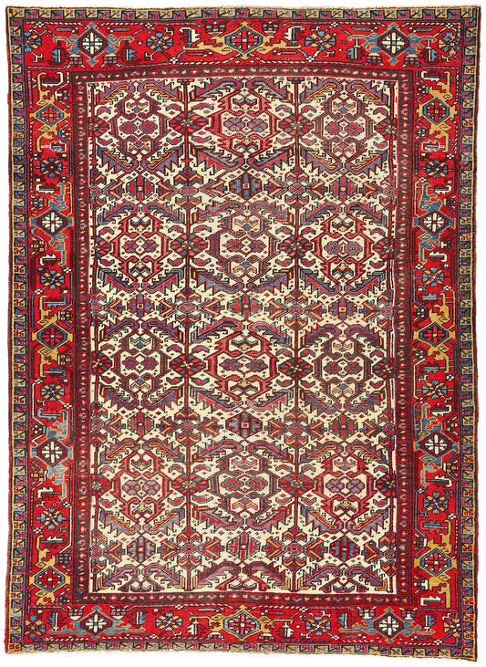 7 x 9 Antique Ivory Persian Dragon Serapi Heriz Rug 78768