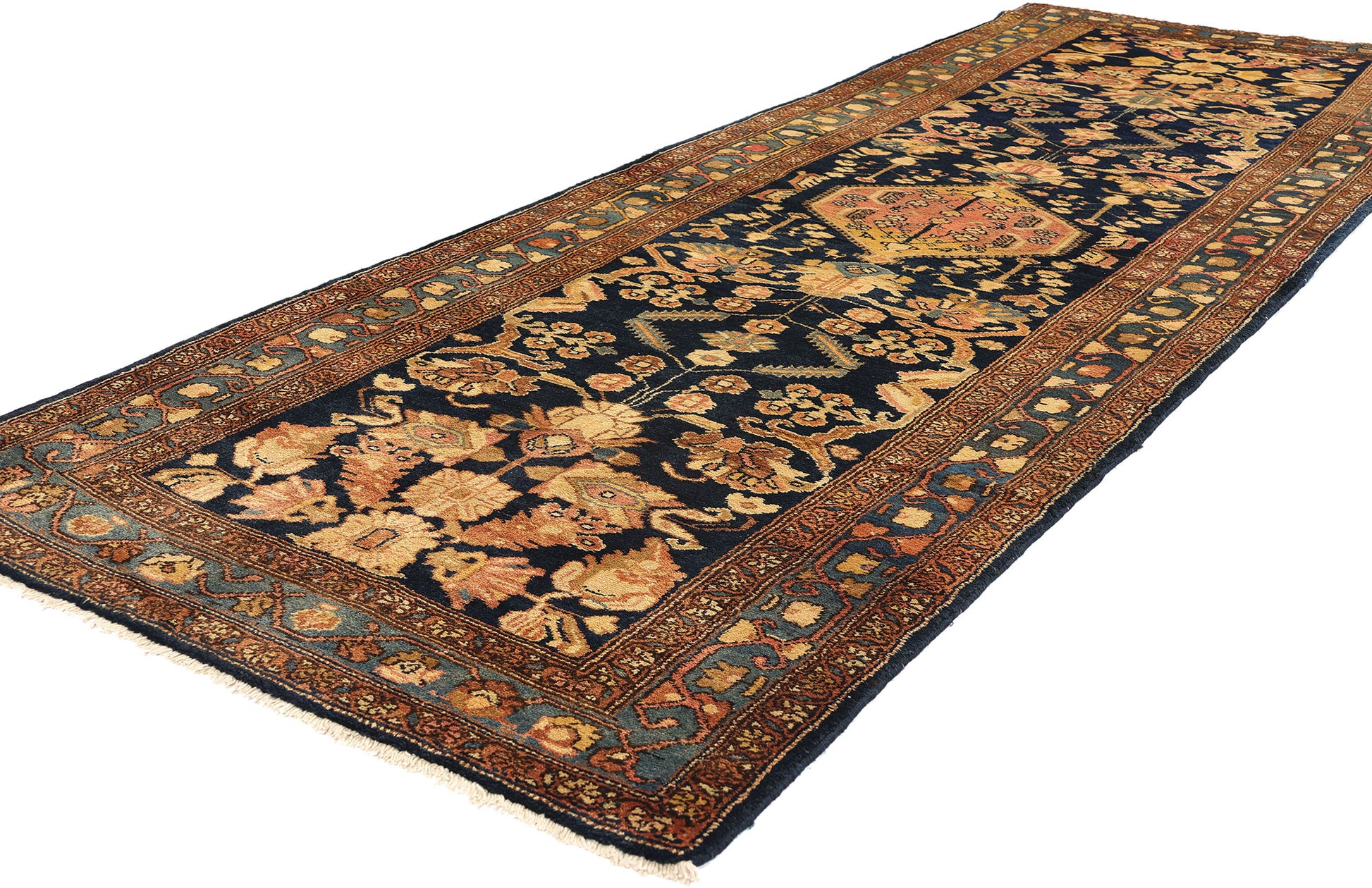 4 x 11 Antique Navy Blue Persian Hamadan Rug 73245